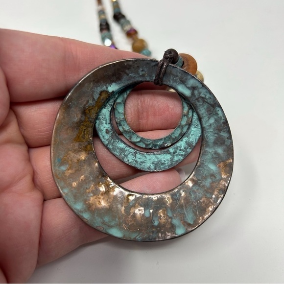 Bohemian Long Blue and Brown Beaded Necklace with Layered Copper Round Medallion - Picture 5 of 7